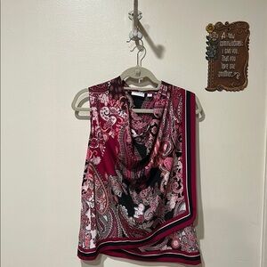 New York & Company Asymmetrical Red and Black Blouse